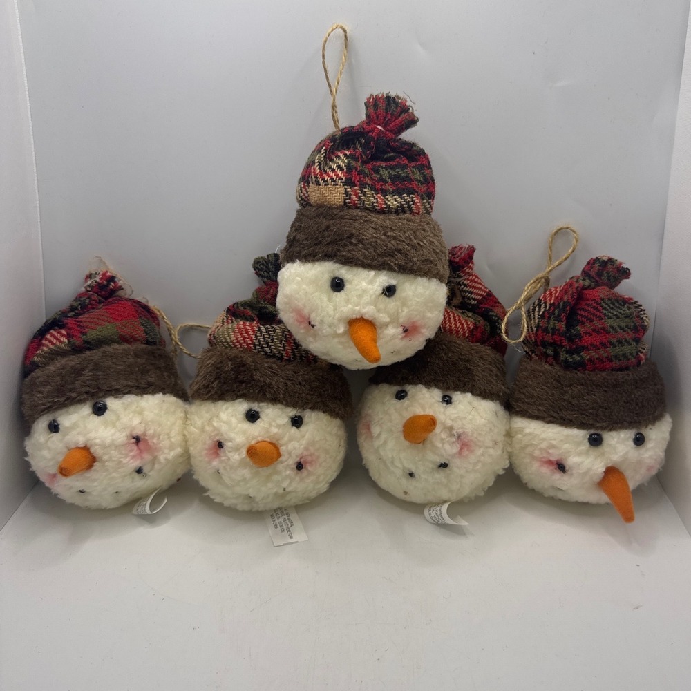 Hobby Lobby Snowman Head Ornaments 5pc White Red Plaid  Rustic Farmhouse Xmas